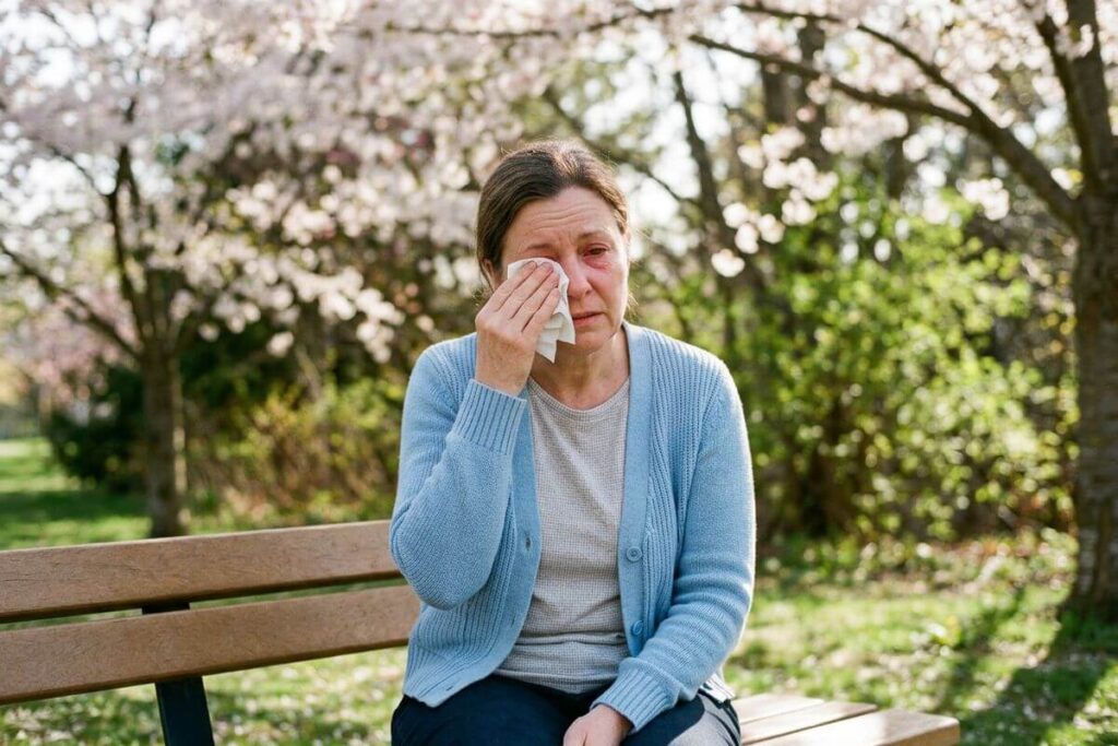 A person is sitting on the bench struggling with eye allergies