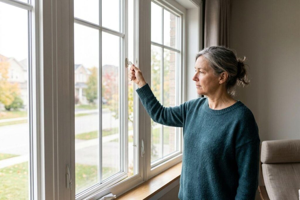 Person is trying to open the window at home to relieve her dry eye symptoms. 
