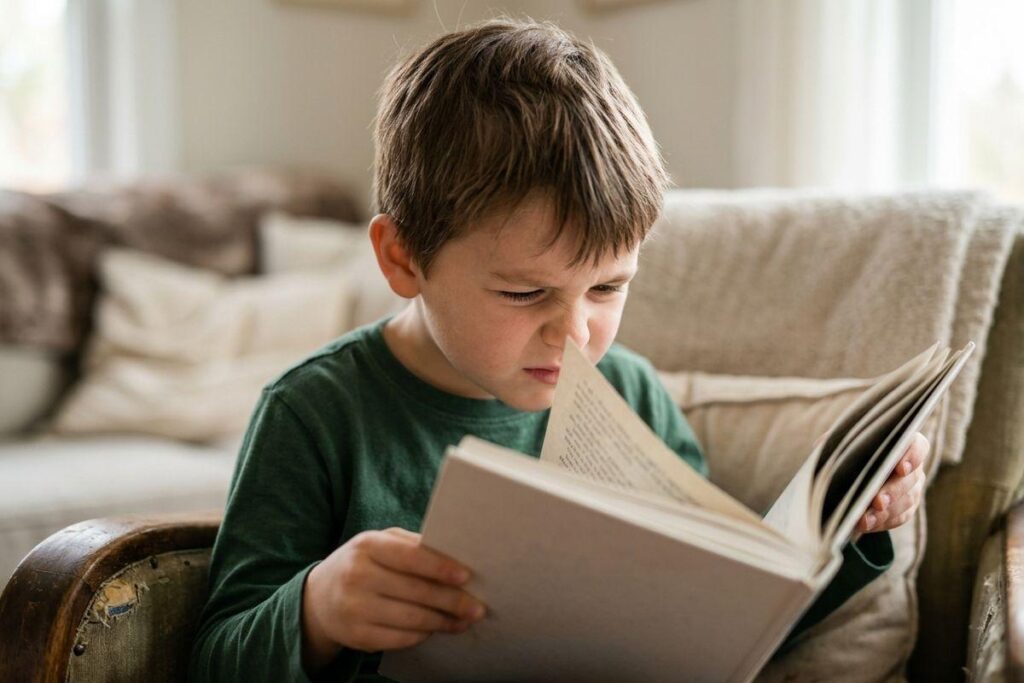 A child sits in a chair, squinting while holding an open book close to their face to read.