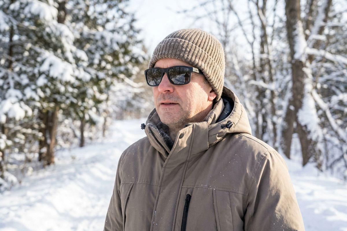 An adult wearing a winter coat, beanie, and sunglasses stands on a snow-covered path surrounded by trees.