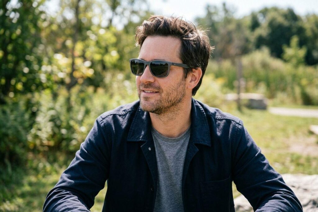 An adult wearing sunglasses and a dark blue shirt sits outdoors, looking to the side with a slight smile against blurred green trees.