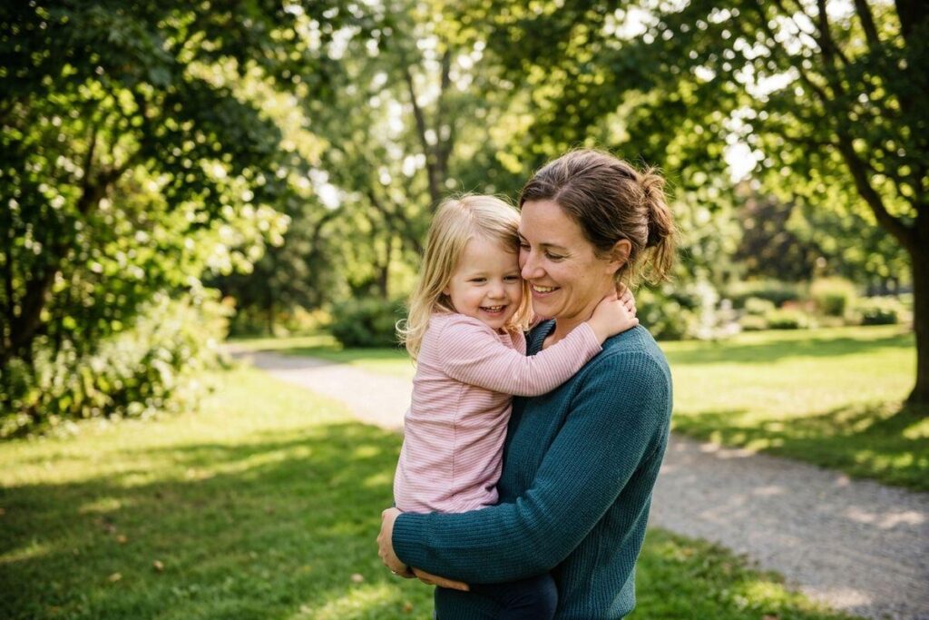 Smiling adult holding a child in a park. They are hugging closely with the child's arms around the adult's neck.