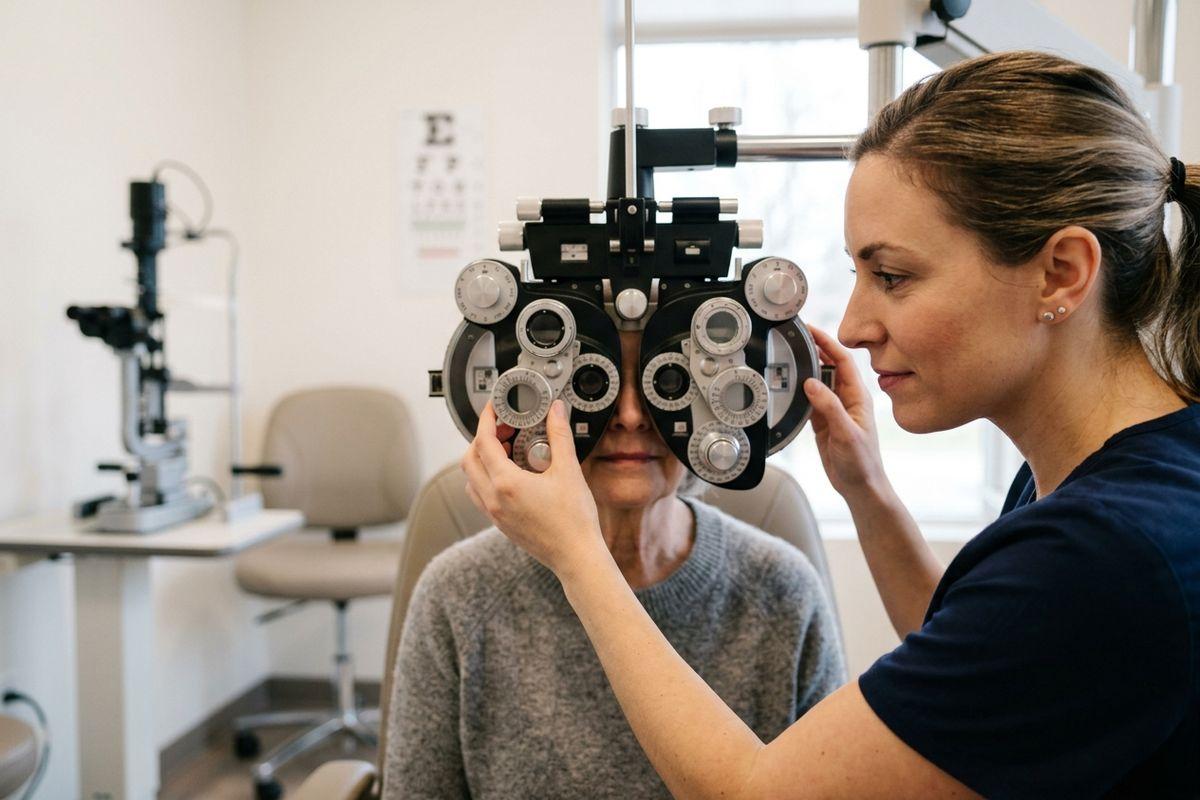 Optometrist adjusts a phoropter during an eye exam for an older adult patient in a clinic room.