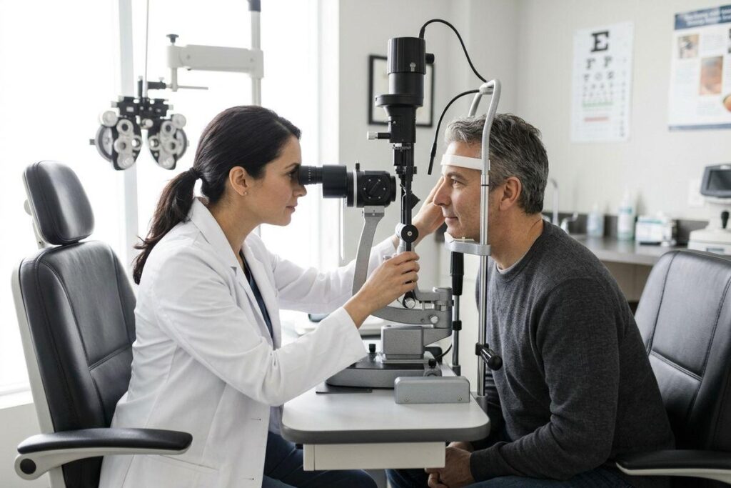 Optometrist examines an adult patient's eye using a slit lamp in an eye exam room with an eye chart on the wall.