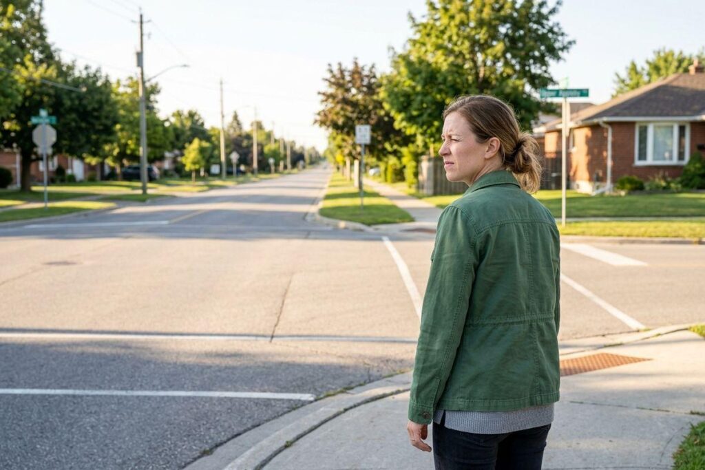 Adult in a green jacket stands on a suburban street corner, looking off to the side with a concerned expression.