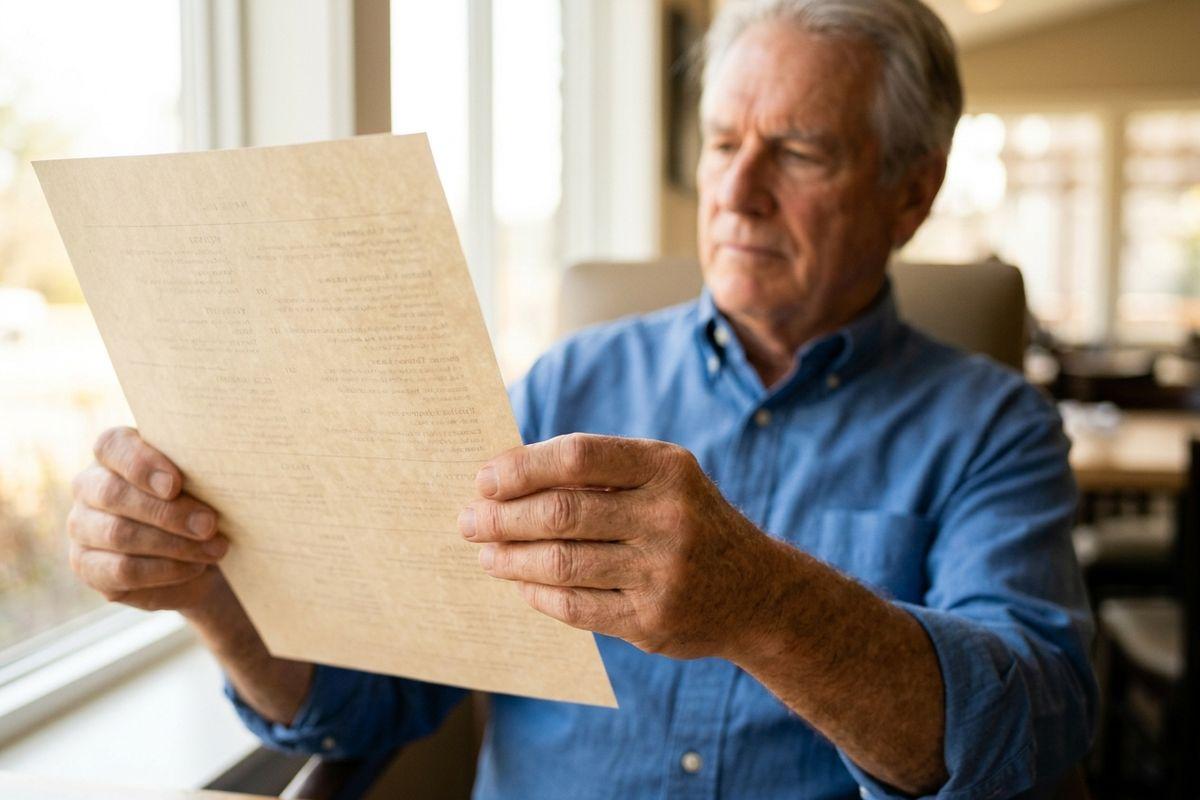 Older adult in a blue shirt holding a printed document at arm's length near a window, reading it with a focused expression.