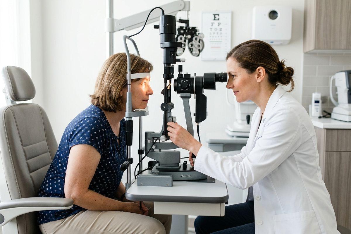Optometrist examines a patient's eye using a slit lamp in an exam room with an eye chart on the wall.