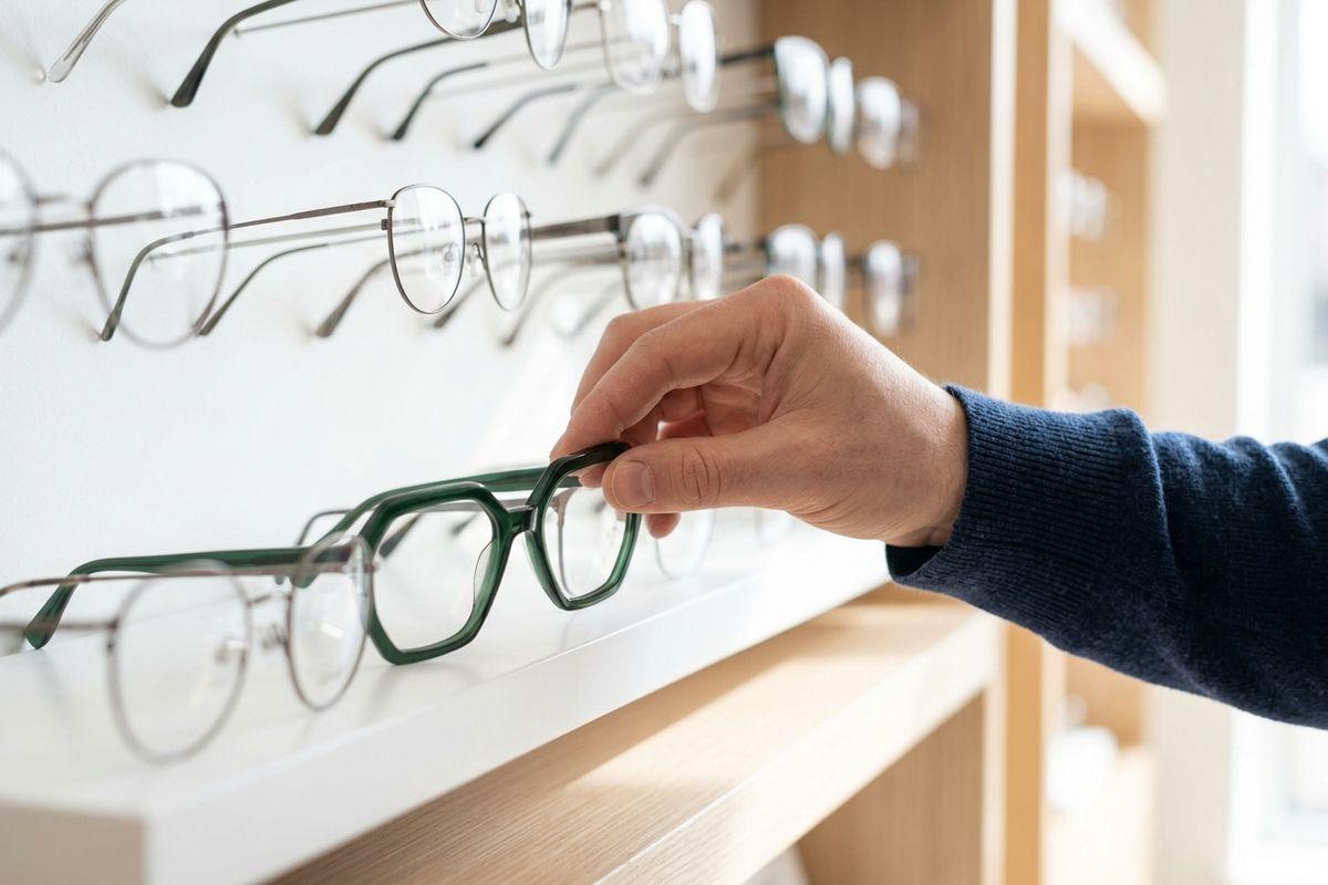 A hand picking up green-framed glasses from a display rack of eyeglasses in an optical shop.