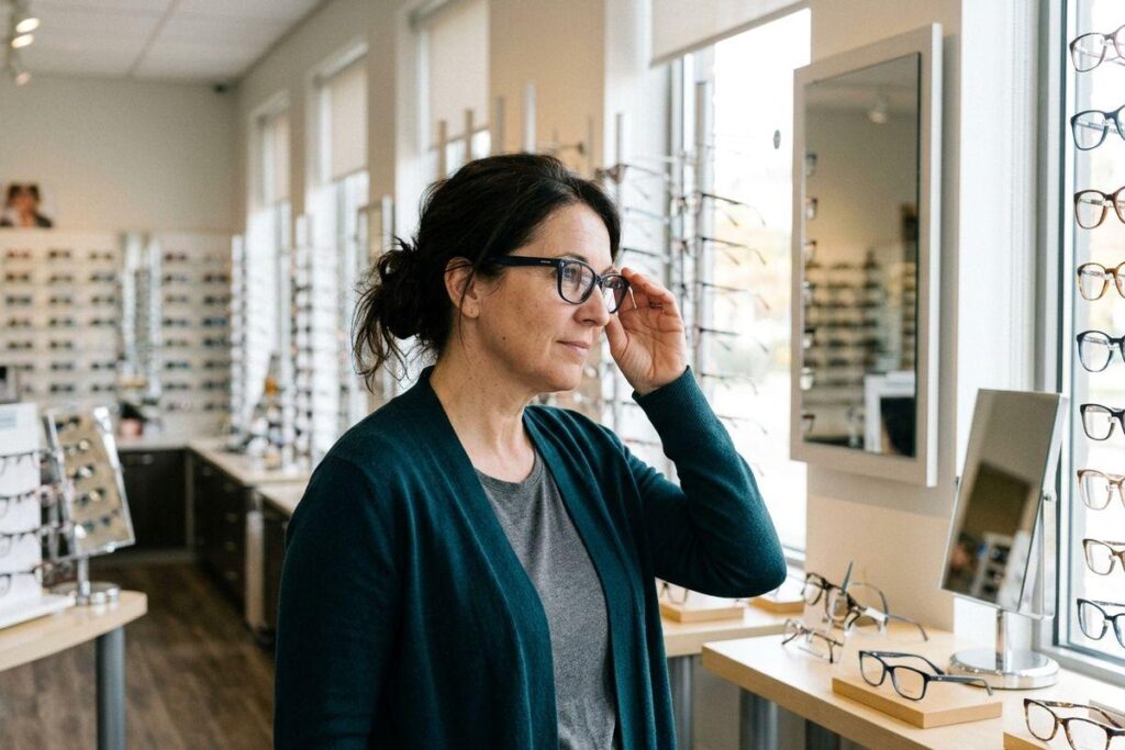 Adults trying on black-framed glasses in an eyewear store, looking toward a mirror, surrounded by frames on display racks.