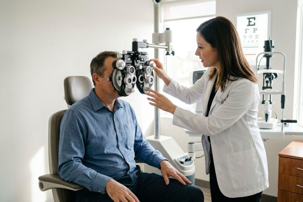 An optometrist adjusts a phoropter to examine a seated adult patient's eyes in an eye exam room with a chart nearby.