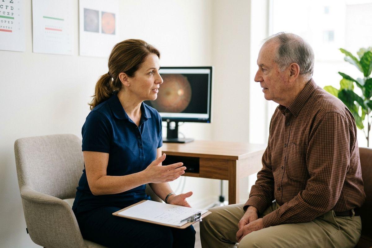 Optometrist discusses eye scan results with an older adult patient in an exam room with a retina image on screen.